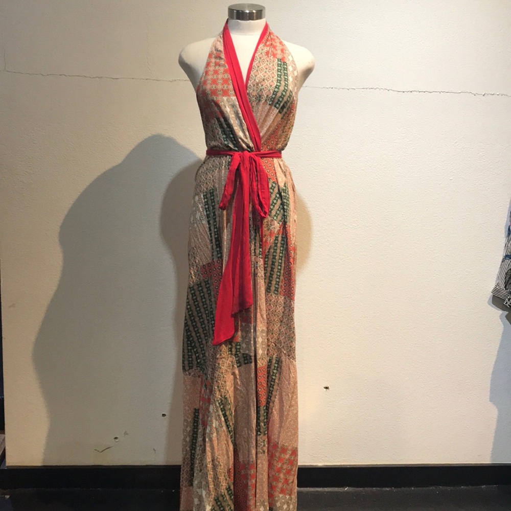 Red patterned kimono wrap dress